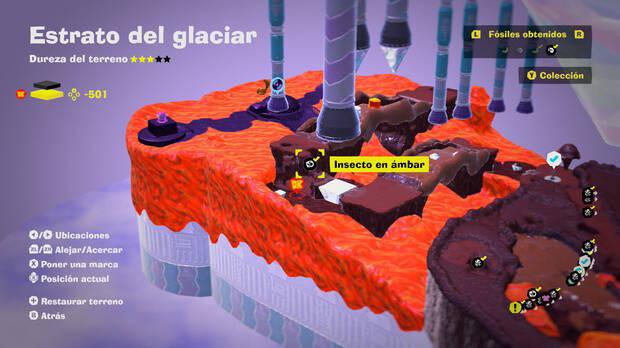 Donkey Kong Bananza - Localización en el mapa del fósil insecto en ámbar 09 en Estrato del glaciar