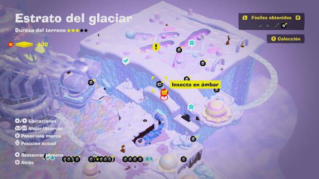 Donkey Kong Bananza - Localización en el mapa del fósil insecto en ámbar 02 en Estrato del glaciar