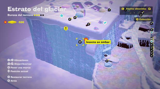 Donkey Kong Bananza - Localización en el mapa del fósil insecto en ámbar 03 en Estrato del glaciar