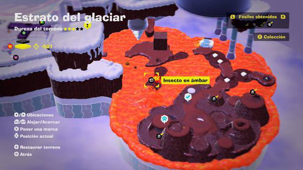Donkey Kong Bananza - Localización en el mapa del fósil insecto en ámbar 06 en Estrato del glaciar