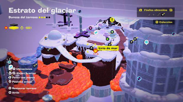 Donkey Kong Bananza - Localización en el mapa del fósil Lirio de mar 39 en Estrato del glaciar