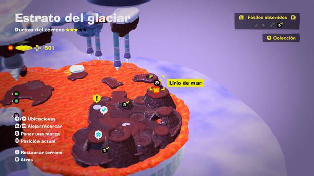 Donkey Kong Bananza - Localización en el mapa del fósil Lirio de mar 35 en Estrato del glaciar