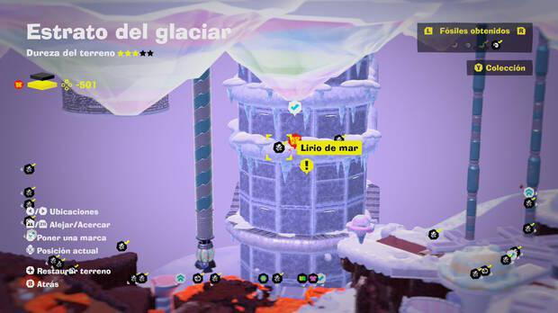 Donkey Kong Bananza - Localización en el mapa del fósil Lirio de mar 50 en Estrato del glaciar