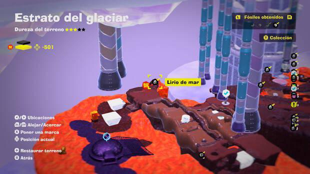 Donkey Kong Bananza - Localización en el mapa del fósil Lirio de mar 45 en Estrato del glaciar