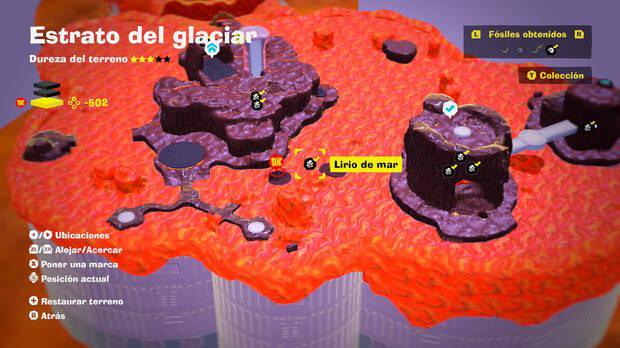 Donkey Kong Bananza - Localización en el mapa del fósil Lirio de mar 58 en Estrato del glaciar