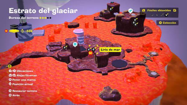 Donkey Kong Bananza - Localización en el mapa del fósil Lirio de mar 56 y 57 en Estrato del glaciar