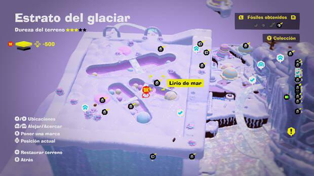 Donkey Kong Bananza - Localización en el mapa del fósil Lirio de mar 26 en Estrato del glaciar