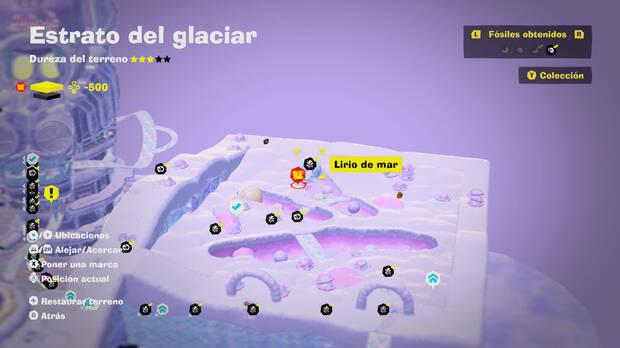 Donkey Kong Bananza - Localización en el mapa del fósil Lirio de mar 27 en Estrato del glaciar