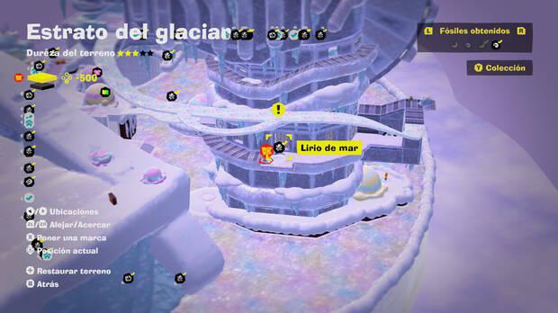 Donkey Kong Bananza - Localización en el mapa del fósil Lirio de mar 29 en Estrato del glaciar