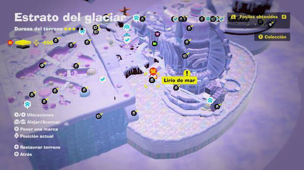 Donkey Kong Bananza - Localización en el mapa del fósil Lirio de mar 31 en Estrato del glaciar