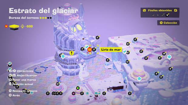 Donkey Kong Bananza - Localización en el mapa del fósil Lirio de mar 32 en Estrato del glaciar