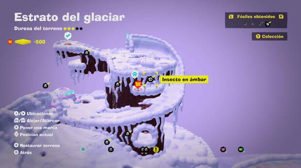 Donkey Kong Bananza - Localización en el mapa del fósil insecto en ámbar 01 en Estrato del glaciar