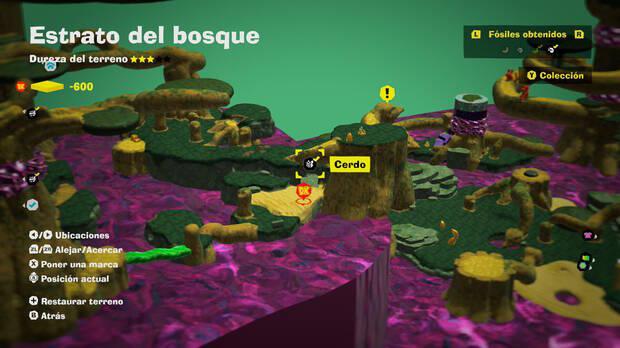 Donkey Kong Bananza - Localización en el mapa del fósil cerdo 01 en Estrato del bosque