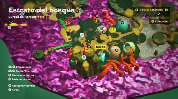 Donkey Kong Bananza - Localización en el mapa del fósil cerdo 03 en Estrato del bosque
