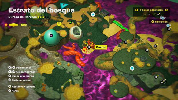Donkey Kong Bananza - Localización en el mapa del fósil Castor 10 en Estrato del bosque