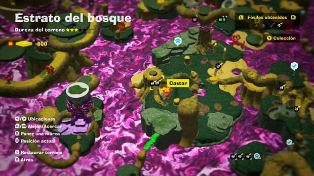 Donkey Kong Bananza - Localización en el mapa del fósil Castor 05 y 06 en Estrato del bosque