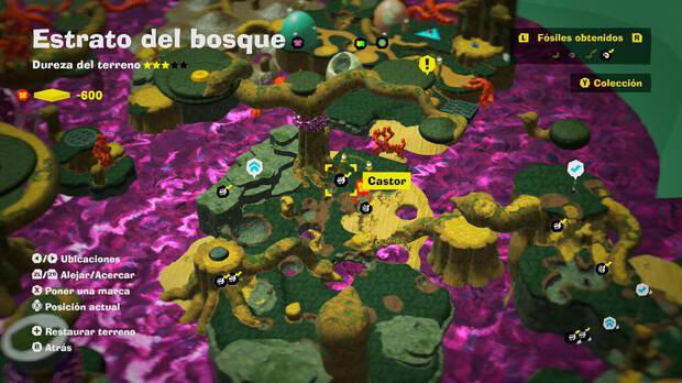 Donkey Kong Bananza - Localización en el mapa del fósil Castor 08 en Estrato del bosque