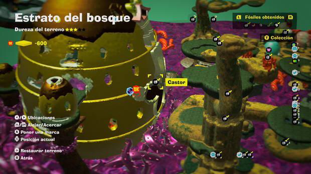Donkey Kong Bananza - Localización en el mapa del fósil Castor 21 en Estrato del bosque