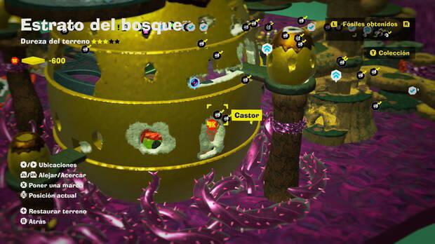 Donkey Kong Bananza - Localización en el mapa del fósil Castor 22 y 23 en Estrato del bosque