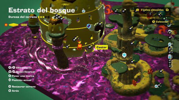 Donkey Kong Bananza - Localización en el mapa del fósil Castor 27 en Estrato del bosque