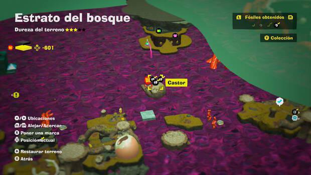 Donkey Kong Bananza - Localización en el mapa del fósil Castor 29, 30 y 31 en Estrato del bosque