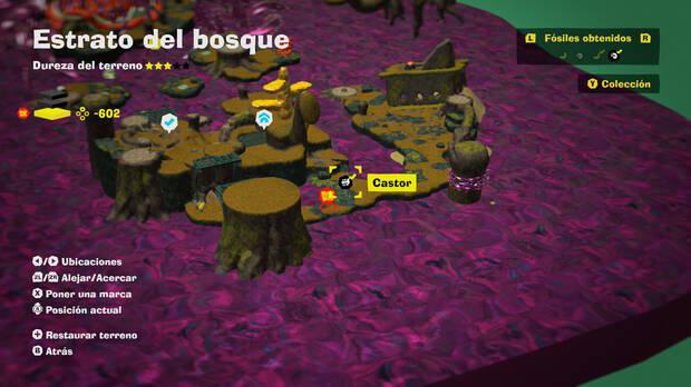 Donkey Kong Bananza - Localización en el mapa del fósil Castor 49 en Estrato del bosque