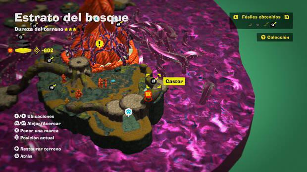 Donkey Kong Bananza - Localización en el mapa del fósil Castor 57 en Estrato del bosque