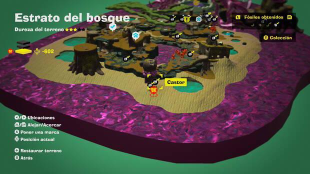 Donkey Kong Bananza - Localización en el mapa del fósil Castor 59 y 60 en Estrato del bosque