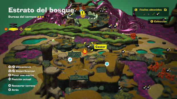 Donkey Kong Bananza - Localización en el mapa del fósil Castor 61 en Estrato del bosque