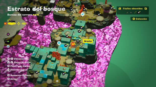 Donkey Kong Bananza - Localización en el mapa del fósil araña en Estrato del bosque