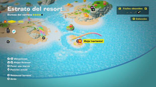Donkey Kong Bananza - Localización en el mapa del fósil Hoja (variante) 06 en Estrato del resort