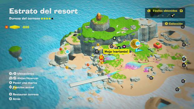 Donkey Kong Bananza - Localización en el mapa del fósil Hoja (variante) 10 en Estrato del resort