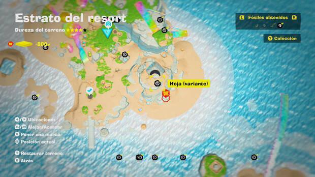 Donkey Kong Bananza - Localización en el mapa del fósil Hoja (variante) 15 en Estrato del resort