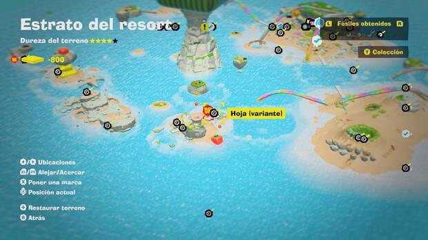 Donkey Kong Bananza - Localización en el mapa del fósil Hoja (variante) 27 en Estrato del resort