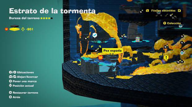 Donkey Kong Bananza - Localización en el mapa del fósil pez espada en Estrato de la tormenta