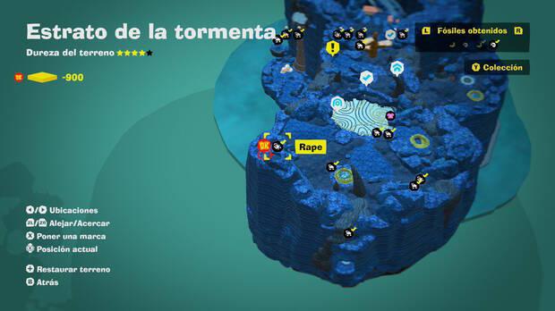 Donkey Kong Bananza - Localización en el mapa del fósil rape 03 en Estrato de la tormenta