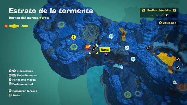 Donkey Kong Bananza - Localización en el mapa del fósil Rana 05 y 06 en Estrato de la tormenta