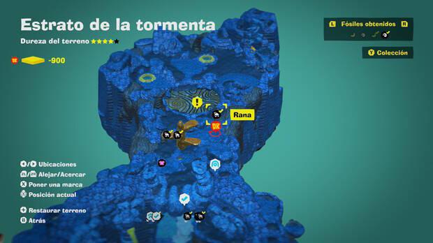 Donkey Kong Bananza - Localización en el mapa del fósil Rana 07 en Estrato de la tormenta