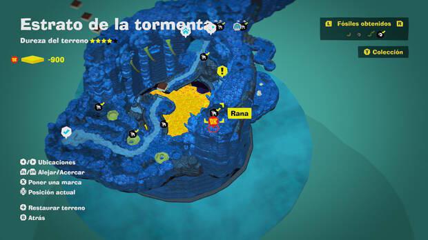 Donkey Kong Bananza - Localización en el mapa del fósil Rana 08 en Estrato de la tormenta