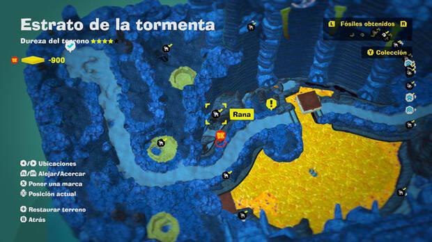 Donkey Kong Bananza - Localización en el mapa del fósil Rana 17 en Estrato de la tormenta