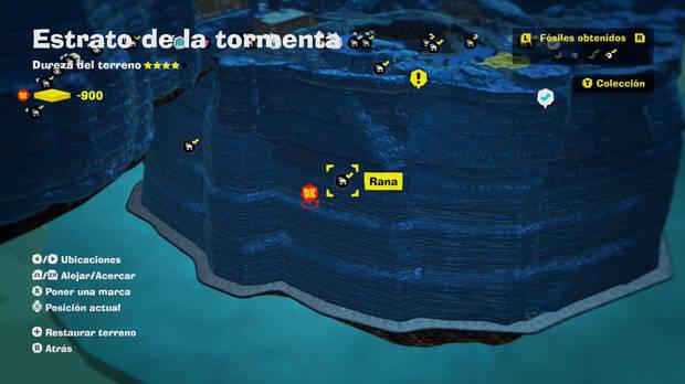 Donkey Kong Bananza - Localización en el mapa del fósil Rana 19 en Estrato de la tormenta
