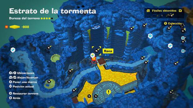 Donkey Kong Bananza - Localización en el mapa del fósil Rana 20 en Estrato de la tormenta