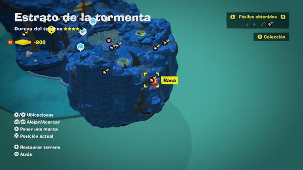 Donkey Kong Bananza - Localización en el mapa del fósil Rana 12 en Estrato de la tormenta