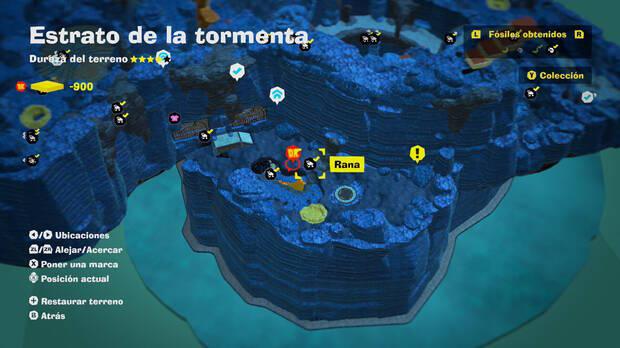 Donkey Kong Bananza - Localización en el mapa del fósil Rana 14 y 15 en Estrato de la tormenta