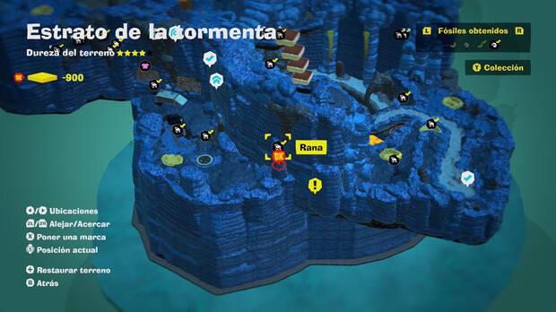 Donkey Kong Bananza - Localización en el mapa del fósil Rana 16 en Estrato de la tormenta