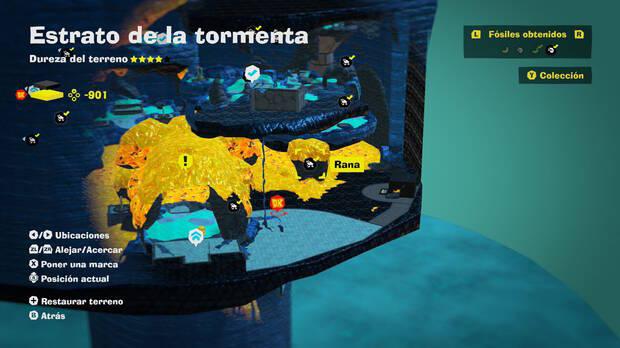 Donkey Kong Bananza - Localización en el mapa del fósil Rana 29 en Estrato de la tormenta