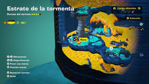 Donkey Kong Bananza - Localización en el mapa del fósil Rana 23 en Estrato de la tormenta
