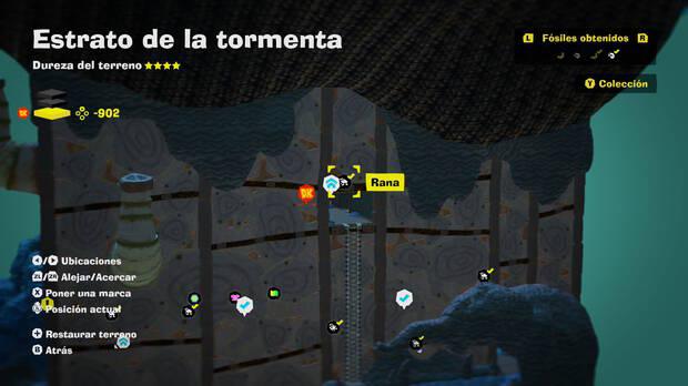 Donkey Kong Bananza - Localización en el mapa del fósil Rana 36 en Estrato de la tormenta