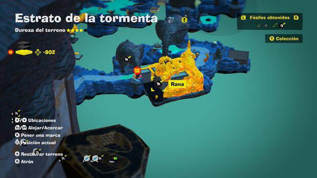 Donkey Kong Bananza - Localización en el mapa del fósil Rana 41 en Estrato de la tormenta