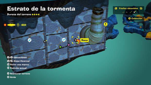 Donkey Kong Bananza - Localización en el mapa del fósil Rana 32 en Estrato de la tormenta